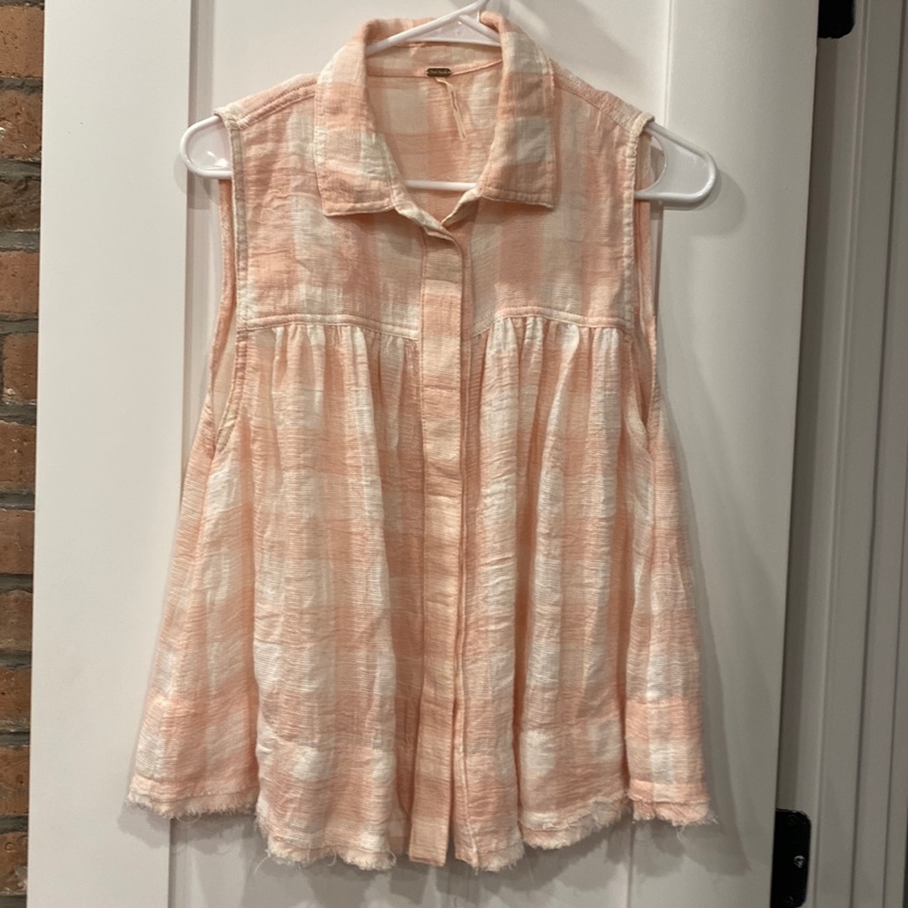 Free People Size Small Peach & White Striped Flowy Collared Blouse